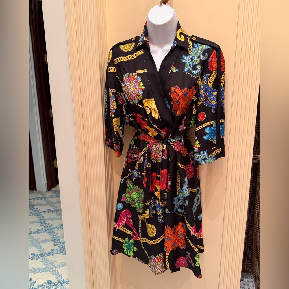 VERSACE Silk Barocco Print Wrap Dress - IT 42 (US M) - Black/Multi - Picture 5 of 11